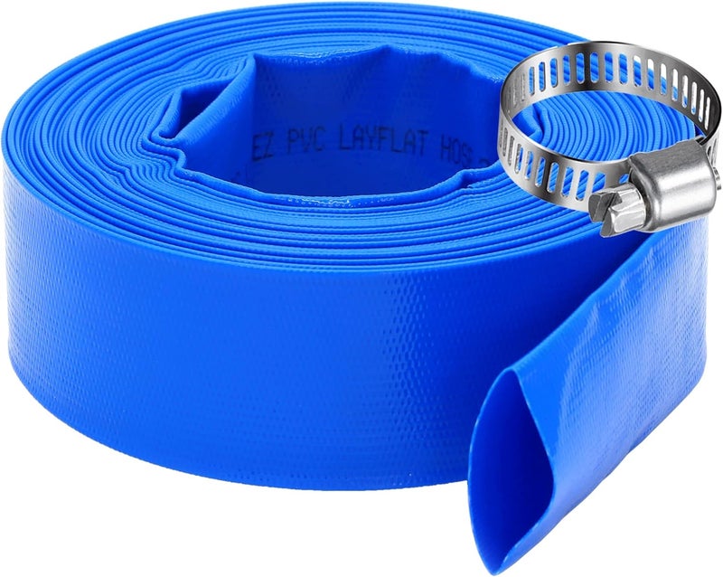 DAVCO 2.5" x 25 ft Pool Backwash Hose, Heavy Duty Reinforced Blue PVC Lay Flat Water Discharge Pump Hoses For Swimming Drain Pools and Clean Filters,with 1 Clamp - Image 1